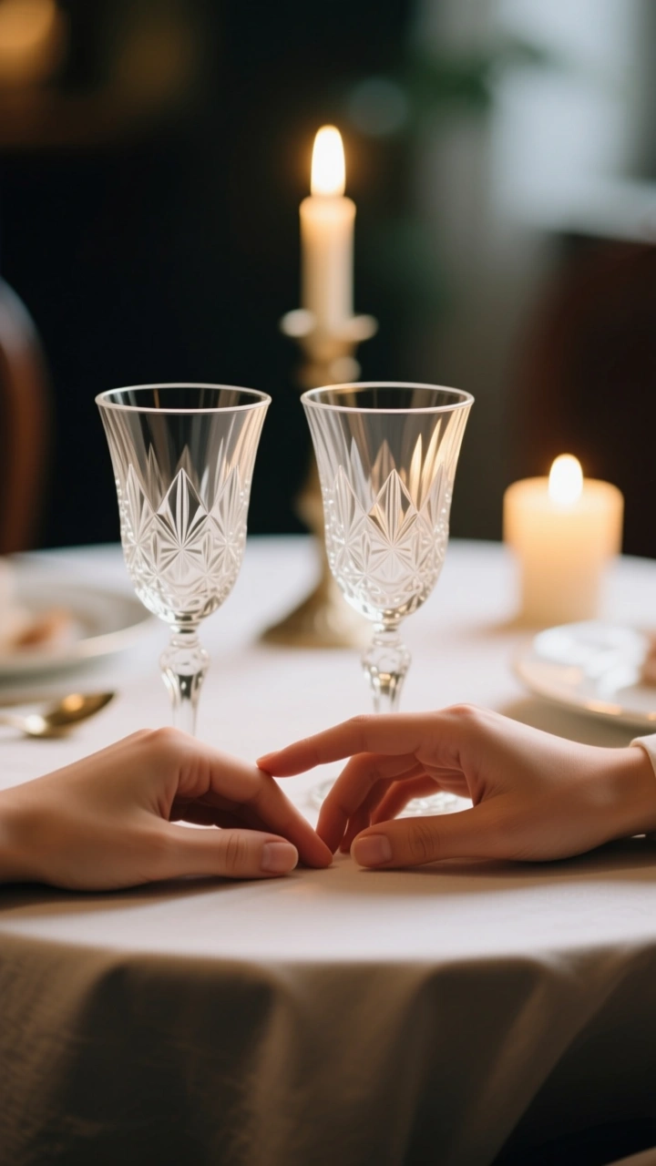 The loving touch. Romance and fluted glasses.